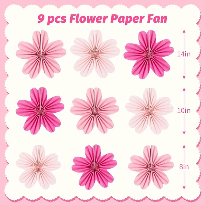 Paper Fans Party Decorations Paper Flowers Decorations for Wall Classroom Floral Backdrop Baby Shower Birthday Party Flower Wall Decor Pack of 9 Pink