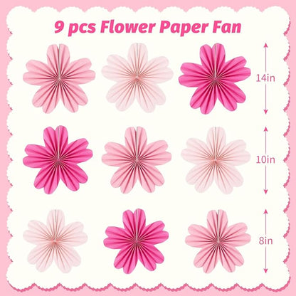 Paper Fans Party Decorations Paper Flowers Decorations for Wall Classroom Floral Backdrop Baby Shower Birthday Party Flower Wall Decor Pack of 9 Pink
