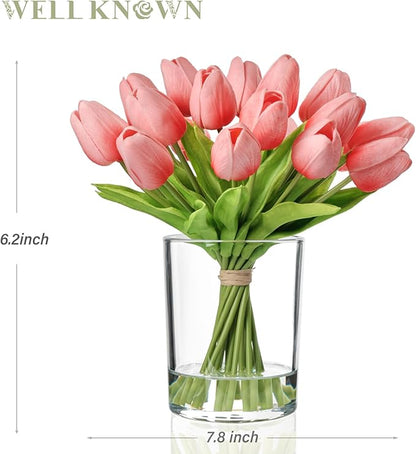 WELL KNOWN 20 Pcs Tulips Artificial Flowers in Vase, Real Touch Tulips with Vase with Upgrate Acrylic Water Flower Arrangements Centerpiece for Dining Room Table Decoration