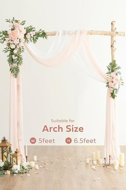 Ling's Moment Pink White Artificial Wedding Arch Flowers Kit Pack of 4, 2pcs Hanging Flower Arrangement 2pcs Chiffon Drapes Ceremony Reception Silk Rose Arbor Backdrop Floral Garden Outdoor Decoration