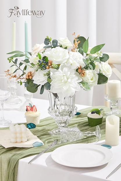 Artificial Flowers, 2PCS White Silk Flowers with Stems for DIY Wedding Bridal Bouquets Baby Shower Floral Arrangement Table Centerpieces Home Decoration