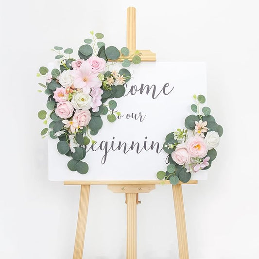 2pcs Wedding Arch Flowers,Wedding Artificial Sign Flower,Welcome Easel Door Decor Wall swags for Reception Backdrop Table Decorations Welcome Sign (Light Pink)