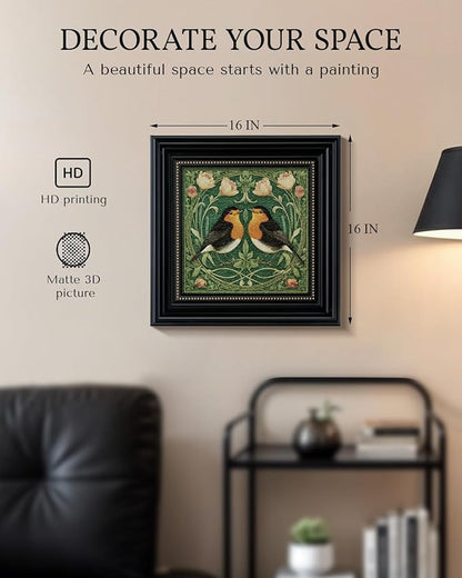 Vintage 3D Textured Bird and Flower Framed Wall Art 16x16, Square Robin Floral Botanical Print Sandstone Surface Artwork, Rustic Nature Living Room Bedroom Farmhouse Entryway Home Decor