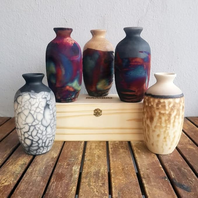 RAAQUU Koban 7 inch Raku Ceramic Clay Pottery Vase with Gift Box Corporate Gift in a Pine Box -Personalized Rustic Boho Handmade Gift in Obvara