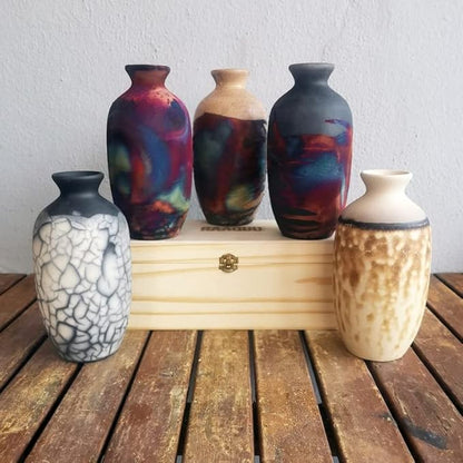 RAAQUU Koban 7 inch Raku Ceramic Clay Pottery Vase with Gift Box Corporate Gift in a Pine Box -Personalized Rustic Boho Handmade Gift in Half Copper Matte