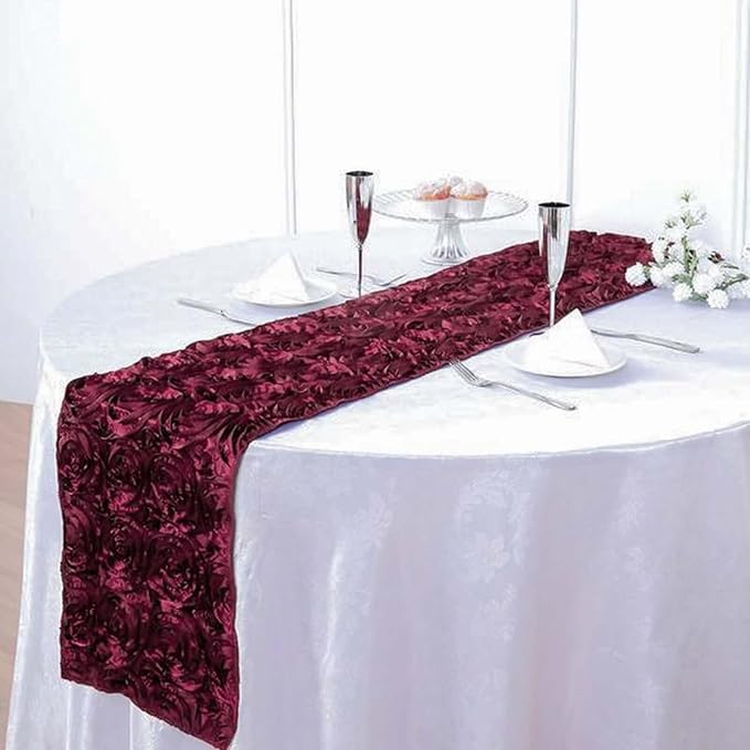 Efavormart 14"x108" Burgundy Grandiose Rosette Satin Table Runner for Party Dining Banquet Events Restaurant Kitchen Home and Multi-Use