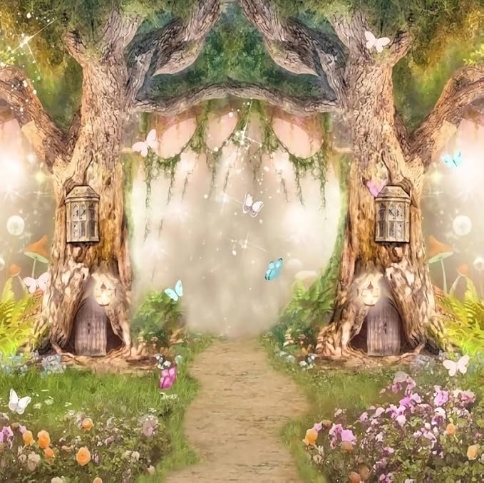 Leowefowa 8x8ft Vinyl Birthday Backdrop Fairy Tale Forest Enchanted Flower Baby Shower Photo Background for Birthday Party Photoshoot Newborn Baby Kids Children Studio Props Photography Backdrops
