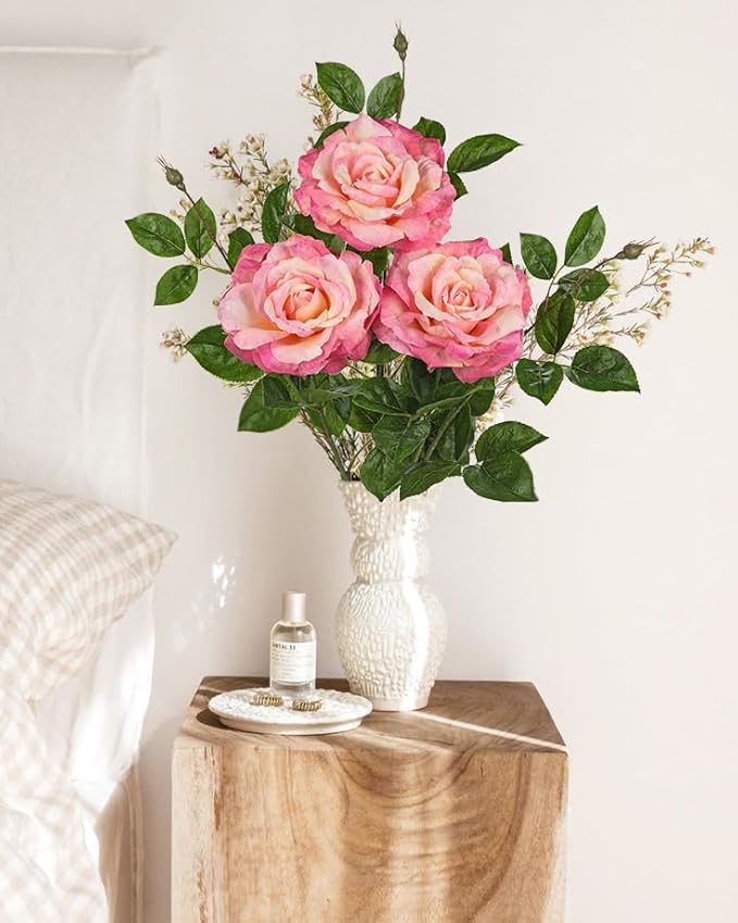 Hollyone 3Pcs Light Pink Roses Artificial Flowers Bouquets 26.3" Fake Flower Arrangements Silk Flowers Rose with Long Stem Floral Branch Faux Roses Flowers for DIY Table Centerpieces Home Decor