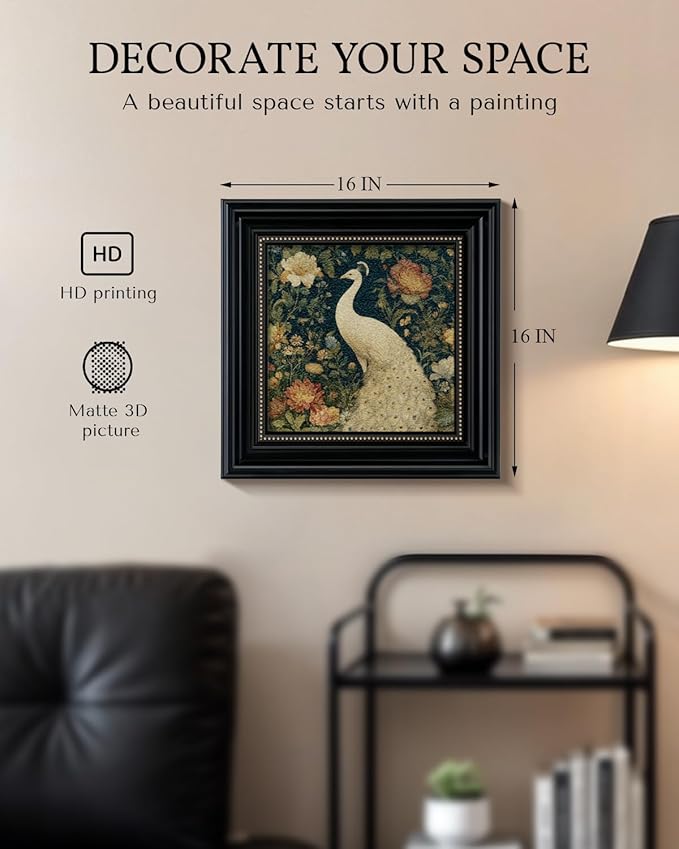 Vintage 3D Textured White Peacock Framed Wall Art 16x16 Inch, Square Bird and Floral Artwork Sandstone Panel Botanical Print, Rustic Living Room Bedroom Office Farmhouse Entryway Home Decor