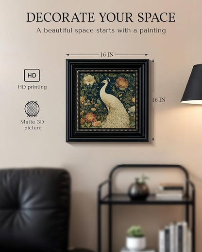 Vintage 3D Textured White Peacock Framed Wall Art 16x16 Inch, Square Bird and Floral Artwork Sandstone Panel Botanical Print, Rustic Living Room Bedroom Office Farmhouse Entryway Home Decor