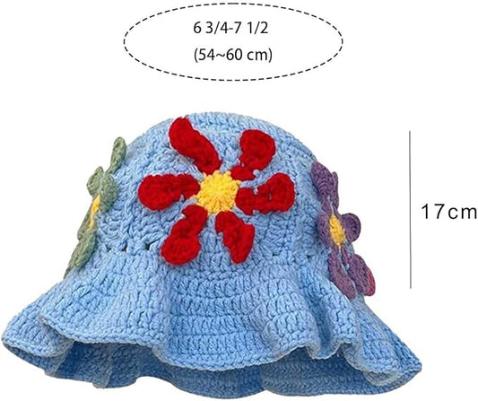Crochet Bucket Hat for Women Flower Knit Hat Hollow Out Foldable Cap Hats