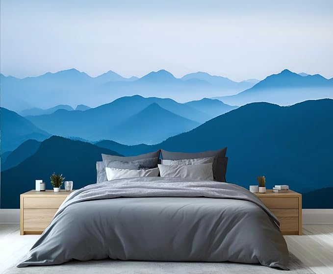 Minimalist Blues Mountain Wall Mural, Misty Layered Hills 3D Wall Murals, Serene Misty Mountains Wallpaper Mural, for Living Room Bedroom Large Wallpaper Indoor Decor 137.8" W x100 H