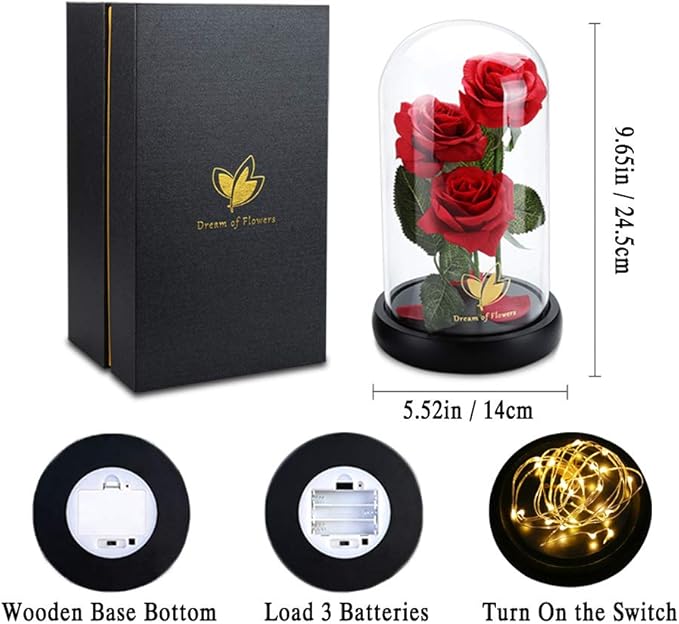Christmas Rose Gifts for Her,Beauty and The Beast Rose Flowers 40 LED Lights Rose in Glass Dome,Woman Gifts for Christmas,Christma Ornaments Artificial Flower Rose Gift Romantic Gifts for Women
