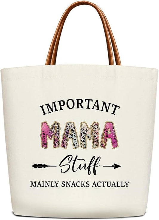 Canvas Tote Bag for Women, Important Stuff Bag with Leather Handle, Reusable Grocery Bags for Shopping Beach Travel