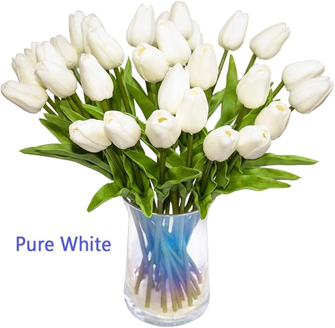 30pcs Artificial Tulips Flowers Real Touch Multicolored Tulips Fake Holland PU Tulip Bouquet Latex Flowers for Wedding Party Office Home Kitchen Decoration (White Red Yellow)
