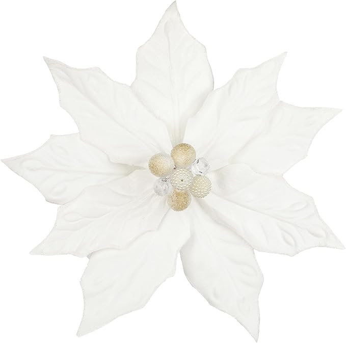Hollyone 3PCS Poinsettia Christmas Flowers Artificial 11" Large White Glitter Poinsettia Flowers Christmas Tree Ornaments Floral Picks for Tree Wreath Garland Vase Table Centerpiece Home Deco