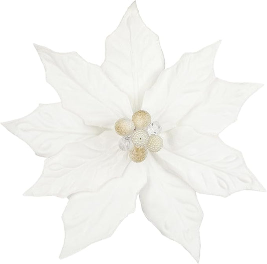 Hollyone 3PCS Poinsettia Christmas Flowers Artificial 11" Large White Glitter Poinsettia Flowers Christmas Tree Ornaments Floral Picks for Tree Wreath Garland Vase Table Centerpiece Home Deco
