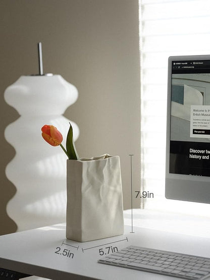 WENSHUO Crinkle Paper Bag Shape Ceramic Vase, Large Capacity for Flower Arrangement, Bookshelf Decorative (Matte Crème)