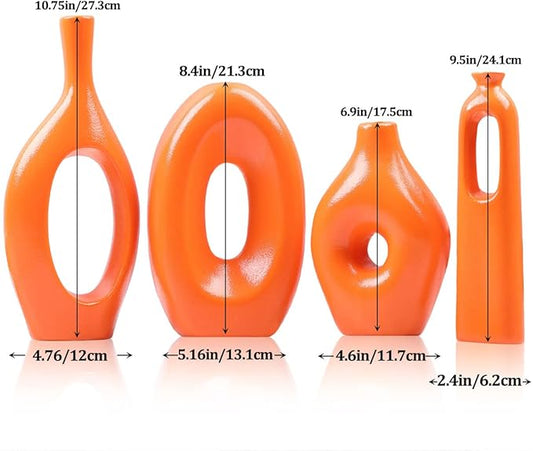 Orange Ceramic Vase Set of 4 - Round Hollow Boho Vases for Pampas Grass and Flowers Decor, Modern Minimalist Small Vases for Living Room, Bedroom, Fireplace, Coffee Table Decor and Centerpieces