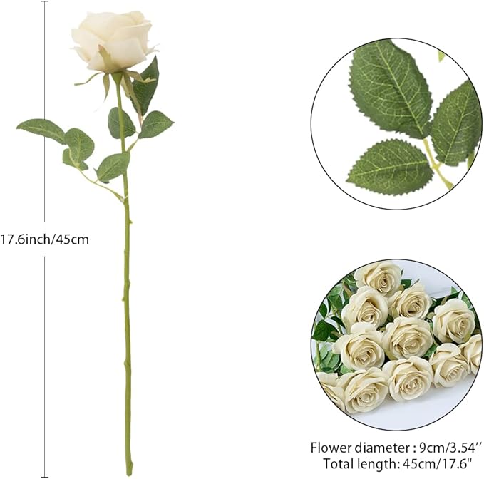 12pcs Roses Artificial Flowers Fake Rose Beige Silk Roses Tan Silk Flowers Rose with Long Stems for Wedding Home Party Centerpieces Decorations