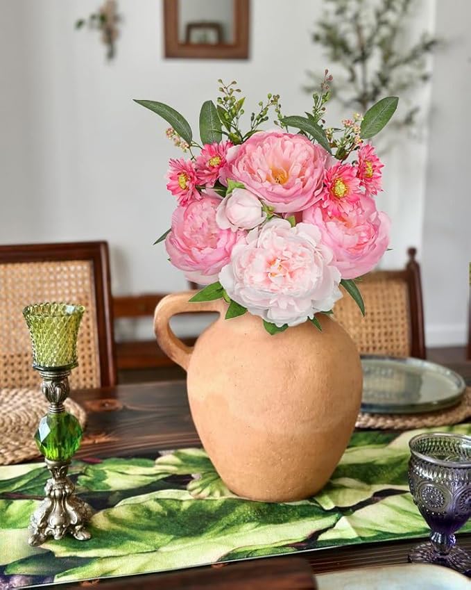 10PCS Hot Pink Flowers Artificial Peonies Silk Flowers with Stems Realistic Faux Peony and Daisies Fake Flowers for Vase Floral Centerpiece Arrangements Wedding DIY Bridal Bouquet Party Home Decor
