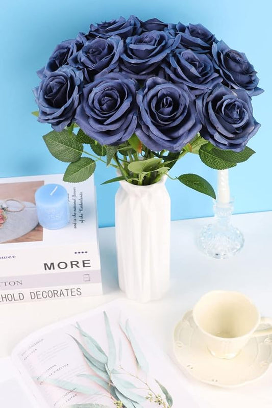 Artificial Rose Flower 12Pcs Navy Blue Rose Fake Rose Silk Rose Real Looking Fake Flowers with Stems for DIY Wedding Bouquets Tables Centerpieces Floral Arrangements Festival Decoration