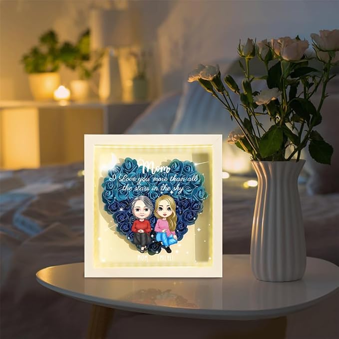 Personalized Mom Flower Shadow Box with LED Light Custom Heart Shaped Rose Flower Shadow Box Frame To My Daughter Mother's Day Portrait Shadowbox Memory Gifts for Mom from Daughter Christmas Birthday