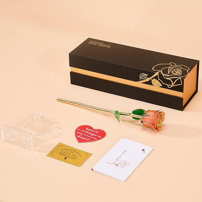 Mikasol Real 24K Gold Dipped Realistic Rose – Timeless Lifelike Bloom with Heart Puzzle Base – Romantic Gradient Orange Flower Gift for Her, Wife, Girlfriend, Mom – Birthday, Anniversary, Mother’s Day