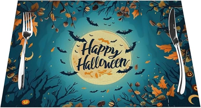 PVC Placemats Set of 6 Wipeable Table Mats Washable Heat Resistant Non Slip Vinyl Dining Table Mat for Kitchen Indoor Outdoor Patio Farmhouse Place Mats Halloween Bat Maple Decorative