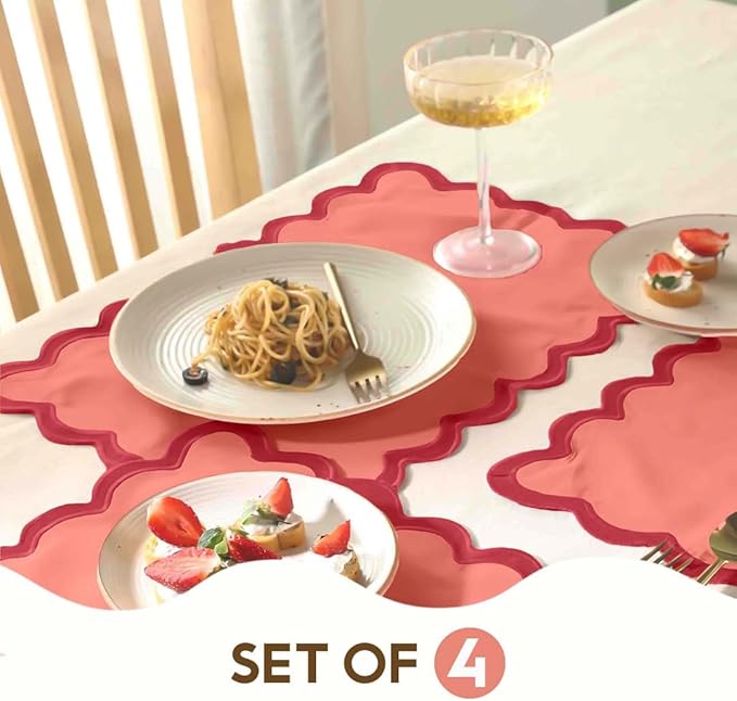Folkulture Christmas Placemats Set of 4, 13 x 19 Inches 100% Cotton Boho Place Mats or Heat Resistant Table Mats for Dining Table Decor, Scalloped Kitchen Mats or Farmhouse Table Place Mats (Red)