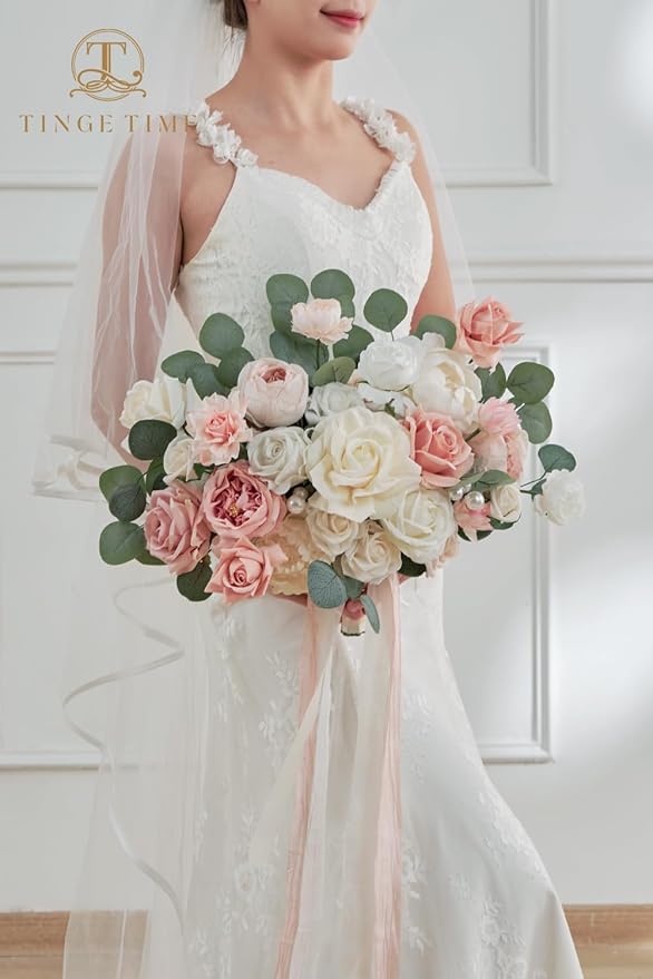 TINGE TIME 11 Inch Wedding Bouquets for Bride，Champange&Pink Artificial Flowers Bouquet， Brides & Bridesmaids Bouquet Tossing Bouquet for Wedding Anniversary Ceremony Bridal Shower Decorations