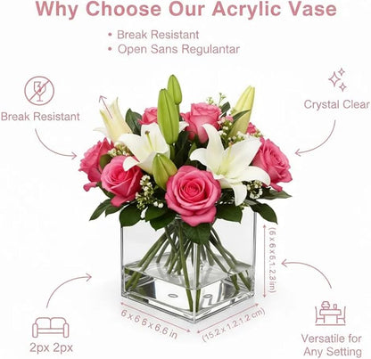 2 Pack Clear Acrylic Square Cube Flower Vase 6x6x6 Inches - Break Resistant Decorative Vase for Wedding Centerpieces, Home Office Party Decor & Succulent Planters