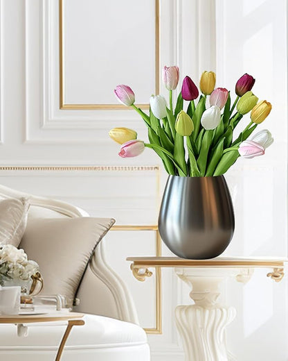 12pcs Tulips Artificial Flowers Real Touch Silk Faux Flowers Tulip Stems for Wedding Spring Bouquet Floral Arrangement Home Party Office Decorations (White Pink Yellow Green)