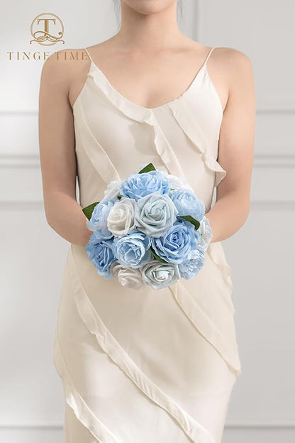TINGE TIME Light Blue Artificial Flowers Combo Box Set Gradient Color Fake Flower Leaf with Stems for DIY Wedding Bouquets Table Centerpieces Baby Shower Home Party Floral Arrangements Decorations