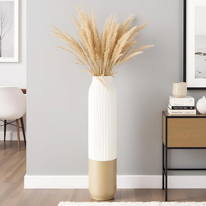 Tall Floor Vase, 23.6 inches (60cm) Tall Vases Sturdy, Luxury, Textured for Decorative Branches Dried Flowers, Floor Vase for Rustic, Living Room, Shelf Decor, Resin White