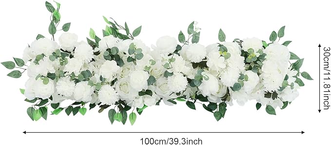TFCFL Artificial Flowers Row, 39.5" X 12" Wedding Arch Faux Floral Swags, 3D Flower Panels Arrangement, DIY Wall Backdrop for Wedding Party Table Runner Decoration (White)