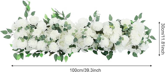 Eapmic Artificial Flower Row, 39.37in Peony Hydrangea Floral Arrangement, Faux Flower Panel Table Centerpiece for Wedding Arch Wall Backdrop Ceremony Reception Home Party Decoration (White)