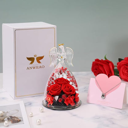 ANWEAO Preserved Flowers Birthday Gifts for Her Preserved Real Rose in Angel Glass Crystal Angel Figurines for Her Ideal Birthday,Mother's Day,Wedding,Valentine's,Christmas,Thanksgiving Day