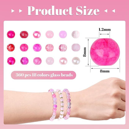 DUQGUHO 8mm Pink Beads for Jewelry Making Pink Glass Beads for Crafts Rose Glass Round Beads 16 Colors Beads for Bracelets, Necklaces & DIY Crafts 360PCS
