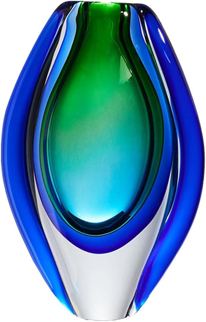 Luxury Lane Hand Blown Sommerso Oval Art Glass Vase for Decor 8.5 inch Tall Centerpiece Table Decoration Emerald Green