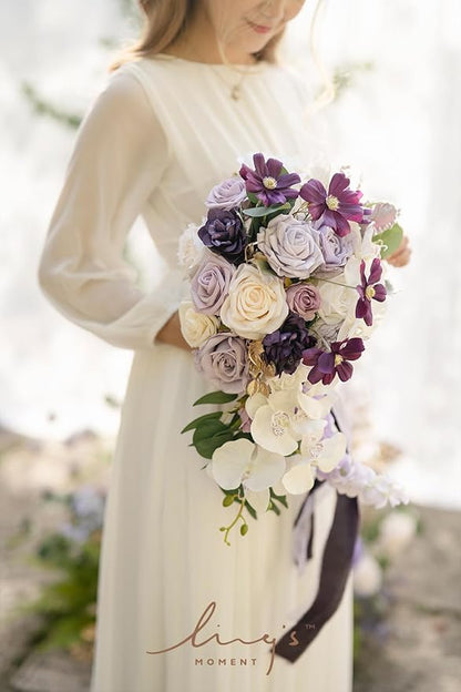 Ling's moment Purple Bridal Bouquet Cascading, Lilac Wedding Bouquets for Bride, 13 Inch Lavender Bride Artificial Flowers Bouquets