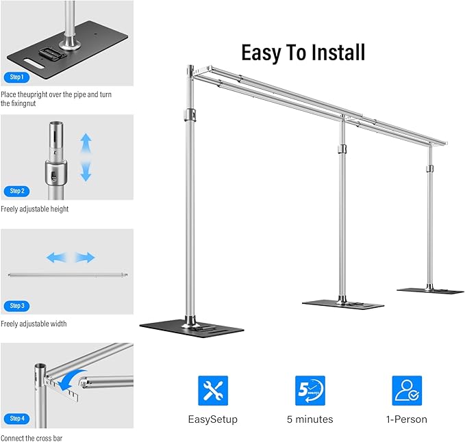 soonpho 10x20ft Heavy Duty Backdrop Stand Kit Double Crossbar Pipe and Drape Stand Kit Metal Frame with Flat Base for Wedding, Birthday Party Event, Banquet Decorations and Trade Shows