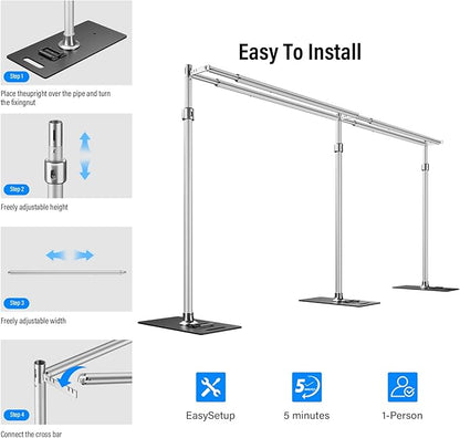 soonpho 10x20ft Heavy Duty Backdrop Stand Kit Double Crossbar Pipe and Drape Stand Kit Metal Frame with Flat Base for Wedding, Birthday Party Event, Banquet Decorations and Trade Shows