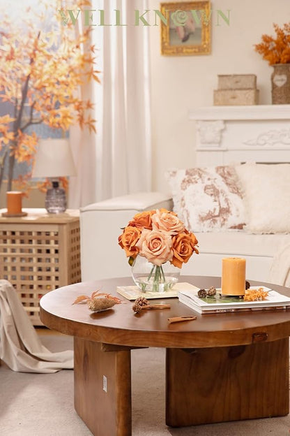 Artificial Flowers Arrangements in Vase with Faux Water, Artificial Orange Silk Rose Bouquet with Vase for Winter Seasonal Home Christmas Wedding Party Centerpieces Decor & Gift (Orange Champagne)