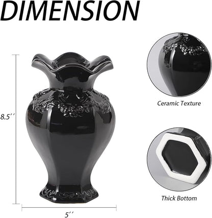 Black Ceramic Vase, Decorative Vase for Modern Home Decor, Farmhouse Minimalist Decor, Boho Flower Vases for Living Room, Bedroom, Kitchen, Dining Table, Office, Wedding, 8.5 Inches
