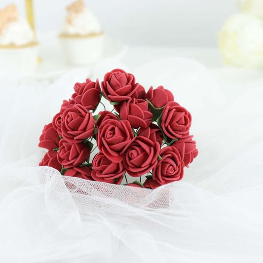 Efavormart 48 Roses | 4" Tall Burgundy Real Touch Artificial DIY Foam Rose Flowers with Stem, Craft Rose Buds