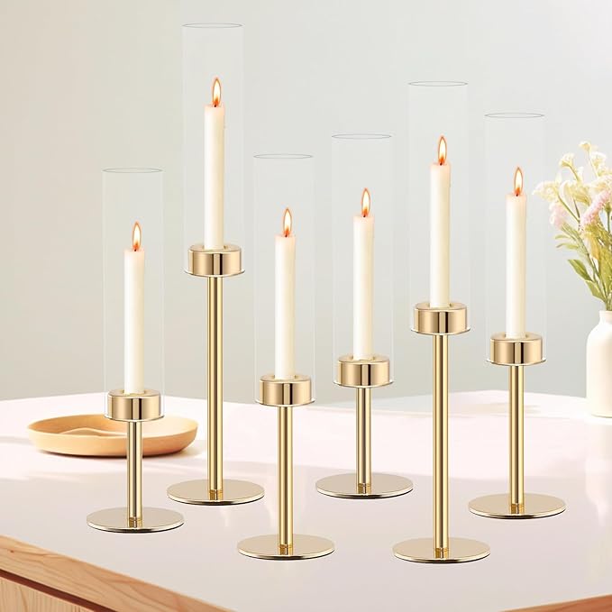 Gold Candlestick Holders Set of 6 – Tall Candle Sticks Holder Decor – Vintage Centerpiece Table Decorations – Dining Room Decor – Candle Holder Decor – Wedding Decorations – Home Decor Aesthetic Gift