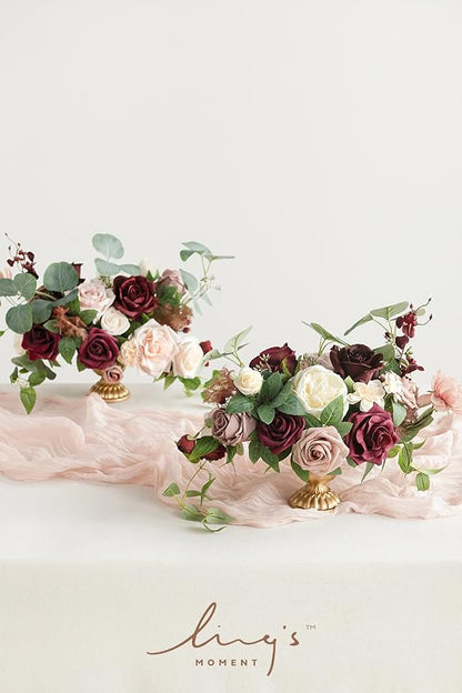 Ling's moment Wedding Centerpiece Flower with Vase for Ceremony/Reception Tabletop Mantel Archway Aisle, Set of 2 | Romantic Marsala