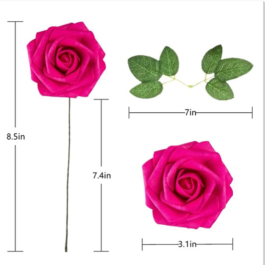 Artificial Flower Foam Rose 25pcs Real Looking Fake Rose with Stems Leaves for Home Decoration Party Garden Centerpieces DIY Wedding Bouquets（Hot Pink）