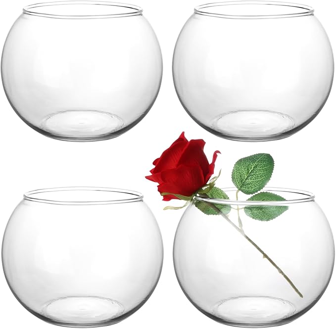 Set of 4 Clear Glass Vases, 6” W x 4.4” H, Round Candle Holders, Bubble Bowl, Flower Vases with Sponge Brush, Decorative Centerpieces for Wedding Home Decor